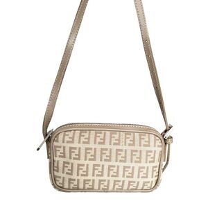 FENDI FF Zucchino Mini Bag Crossbody Camera Shoulder Bag Beige Canvas Leather